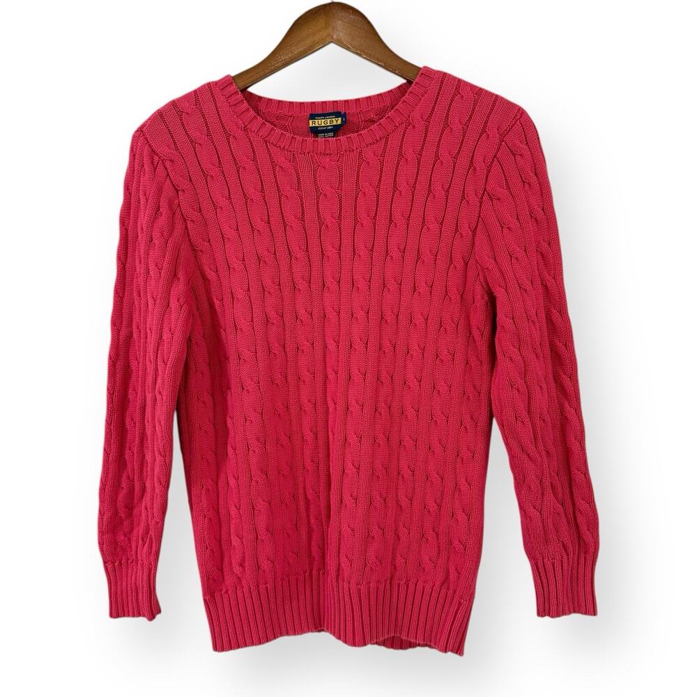Vintage Ralph Lauren RUGBY Cable Knit Sweater L Pink Red Old Money Preppy